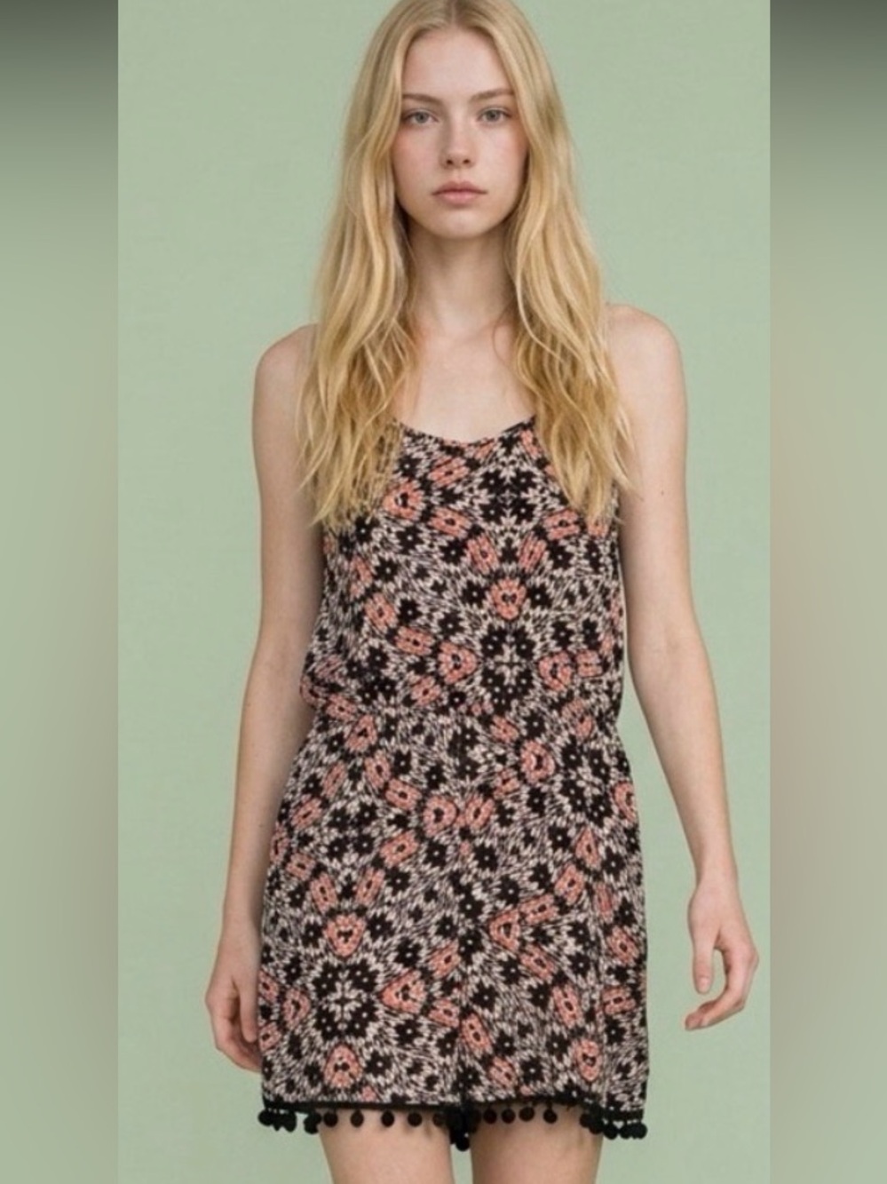 Romper w/ Spaghetti Straps PomPom Hem detail Black & Pink - Picture 12 of 12